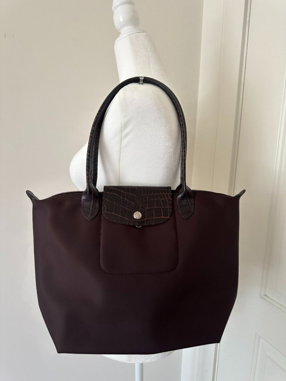 Longchamp Le Pliage Medium Tote – Brown with Croc Embossed Flap